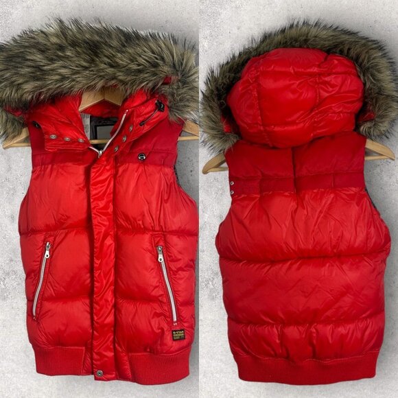 G-Star Whistler Puffer Vest Red Size XS Full Zipper Fur Trim Removable Hood Coat - Picture 15 of 15
